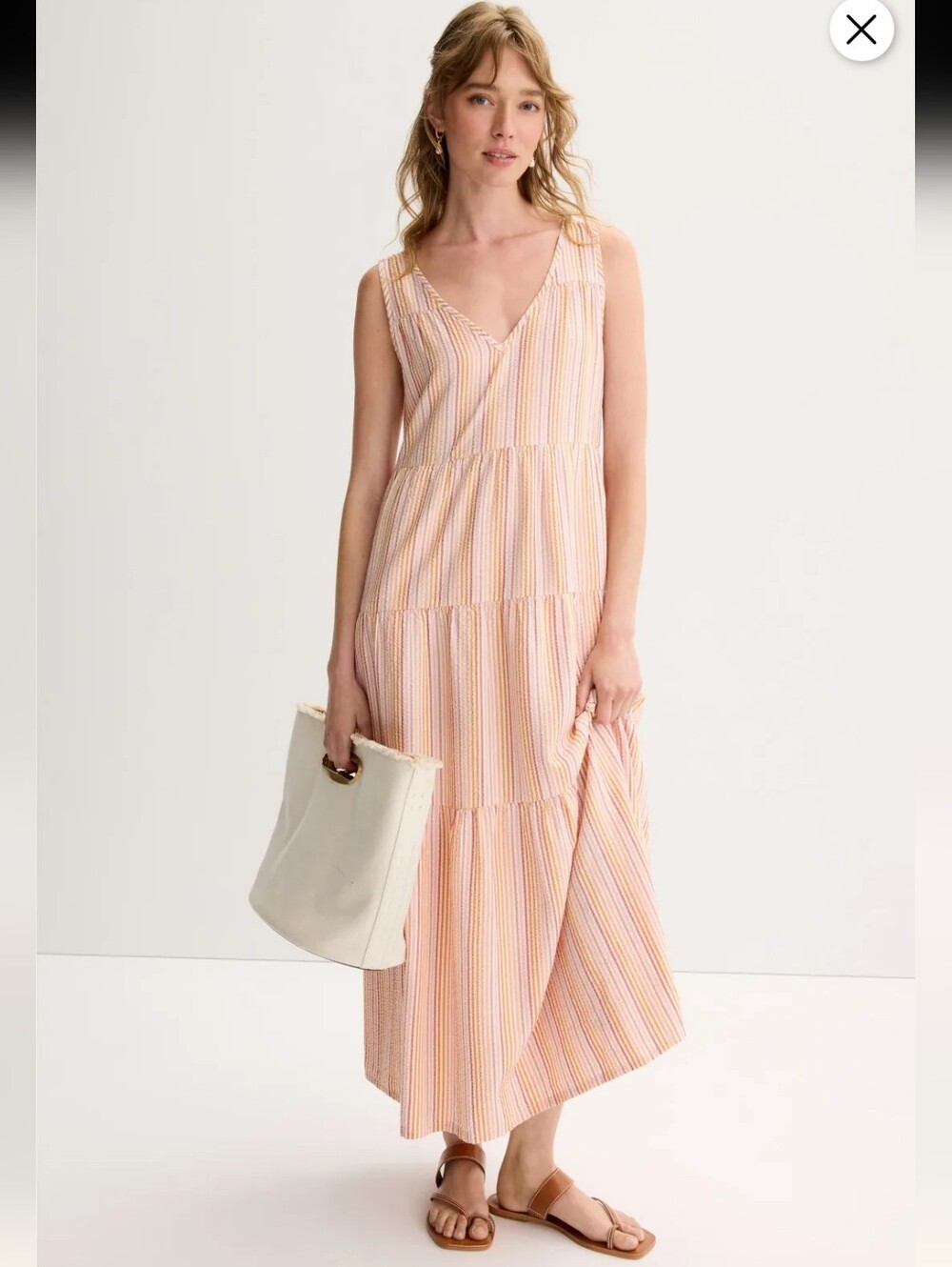 Marine Layer Tiered Maxi Dress Seersucker Cream Pink Stripe Size XL Beach Summer